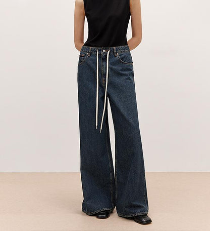"Retro Blues" fashionable high waist pleated design washed casual wide leg jeans for women