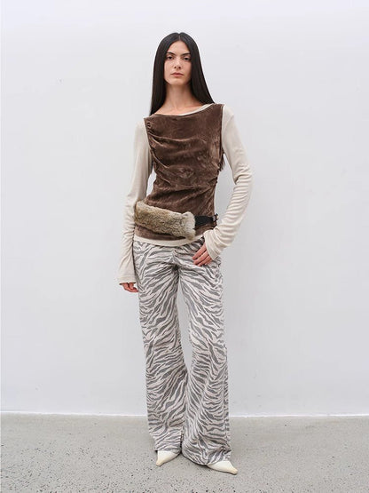 "Wilful Zebra" custom zebra print yeast stone washed low waist flared jeans for women